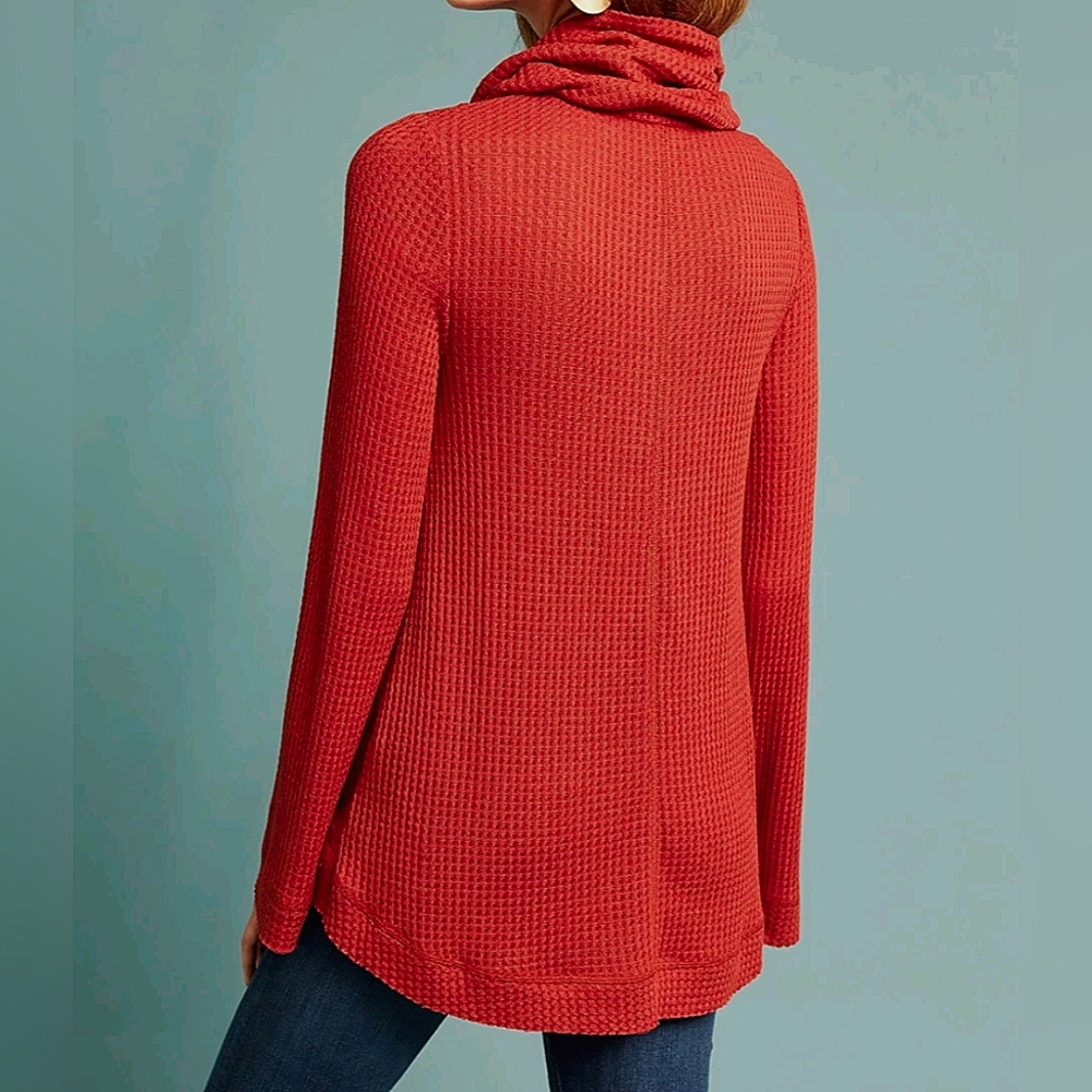 ANTHROPOLOGIE MEADOW RUE RED LONG SLEEVE COWLED THERMAL TUNIC TOP, Sz XL - Picture 3 of 9